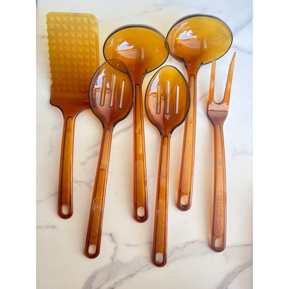 Vintage Robinson Ultratemp Amber Kitchen Utensil Set 6pc Spoons Ladle Spatula